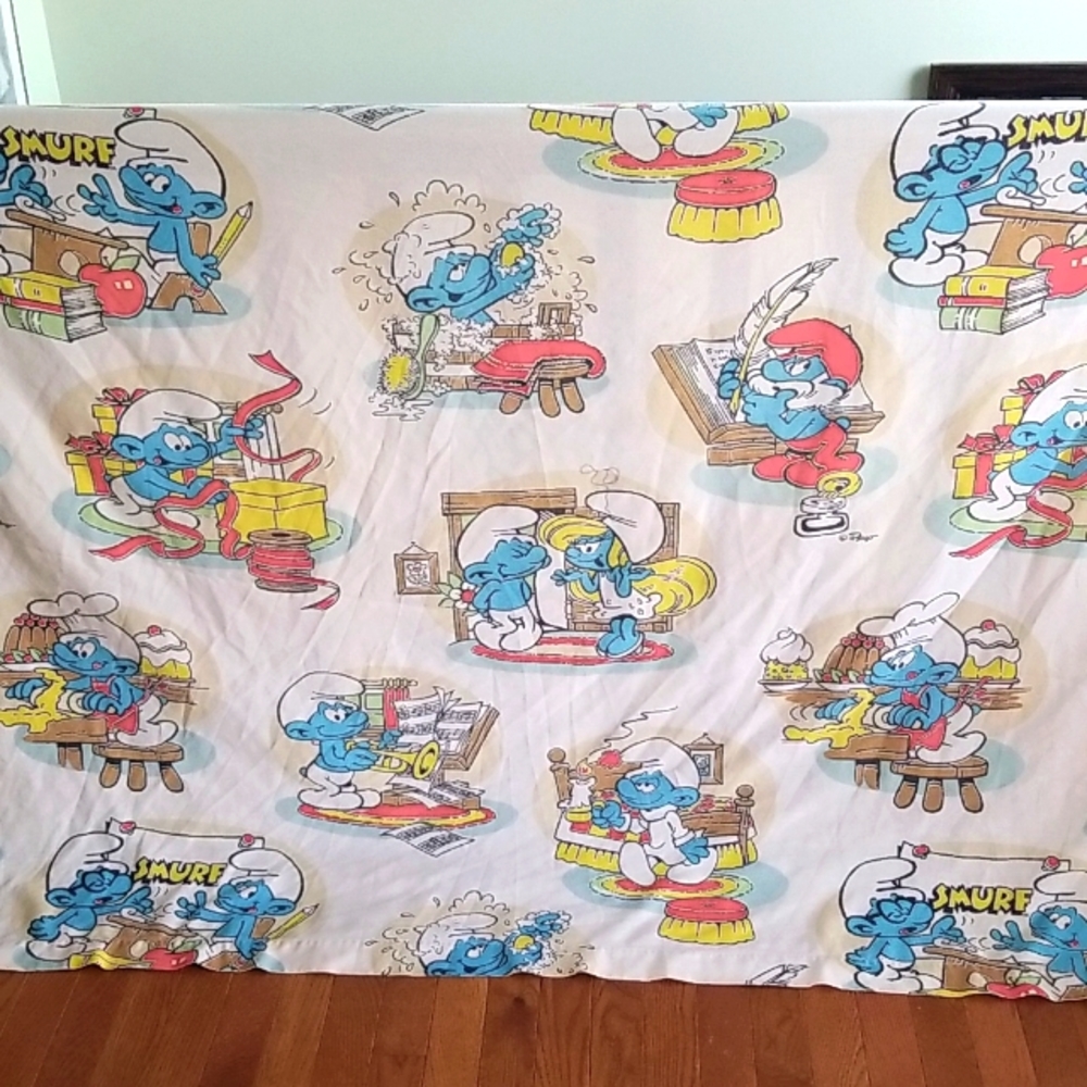 Smurf - Vintage 1980's twin flannel bed sheet - Smurfs